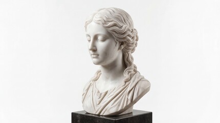 Obraz premium Classical marble bust of a serene young woman with elegant flowing hair and draped clothing garment