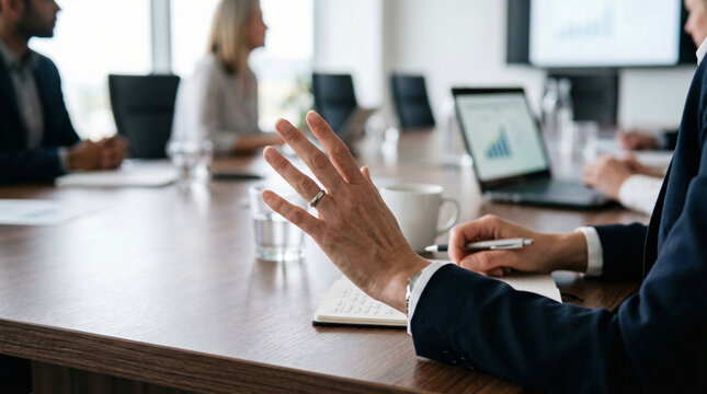Close-up photograph of a businesswoman's hands making a gesture of disagreement and opposition on an office desk during a meeting, showing professional conflict or refusal