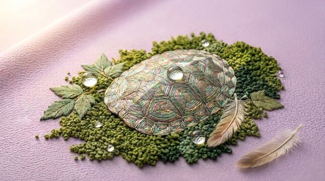 Exquisite Japanese Chirimen Silk Embroidery of Iridescent Kikko Tortoiseshell Pattern with Dew Drops, Moss on Dusty Lavender Fabric, Luxury Textile Background with Copy Space