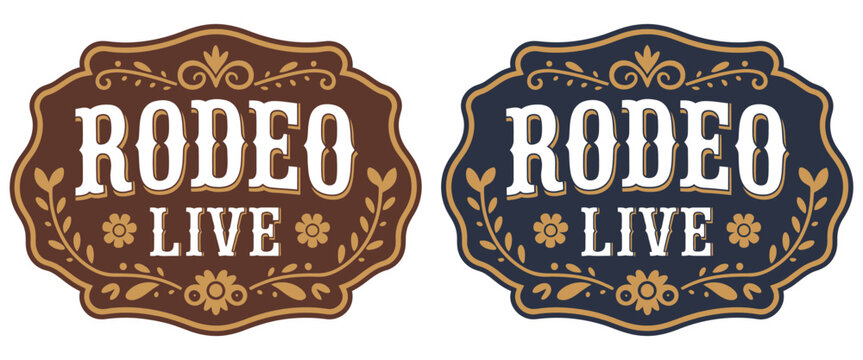rodeo live belt buckle label, bull rider cowboy engraving composition, cowgirl rustic decor emblem style, western heritage badge,ranch life symbol, classic rodeo event branding vector illustration.