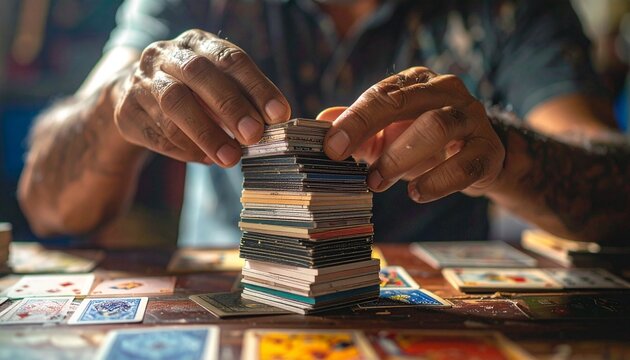 Person Stacking Cards on Table - A Game of Skill.