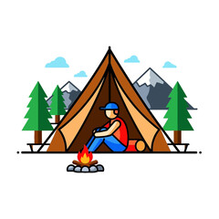 Obraz premium Man Sitting By Campfire Outside Tent in Mountains, Outdoor Adventure