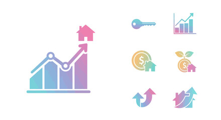 Fototapeta premium Colorful gradient icon set illustrating real estate investment property value and housing market growth.