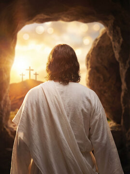 The risen Jesus looking out from the empty tomb at sunrise, with crosses
