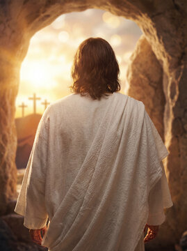 The risen Jesus looking out from the empty tomb at sunrise, with crosses

