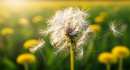 Fototapeta premium Dandelion Seed Head in Sunlight with Yellow Flowers.
