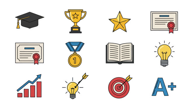 Colorful Hand-Drawn Education Success and Achievement Icons Set.