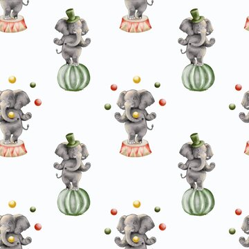 Elephants balancing on balls and platforms in a repeating pattern