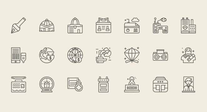 Collection of Thin Line Icons Representing Various Concepts and Objects.