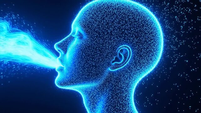 Human head exhaling glowing particles