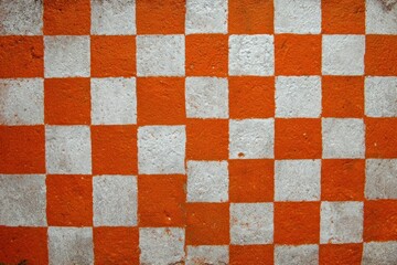 Fototapeta premium Checkerboard pattern with red and white squares on a textured surface, showing worn paint and rough concrete background for design and construction concept.