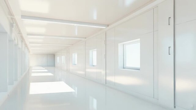 Empty futuristic corridor featuring sleek white surfaces and natural light streaming through a series of small windows, creating a serene and modern architectural space