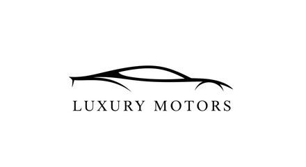 Sleek black silhouette of a modern luxury sports car, accompanied by "LUXURY MOTORS" text, on an isolated white background, representing automotive excellence. © MASKURI