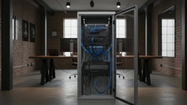 Medium shot of an indoor telecom cabinet in a modern startup loft focusing on a compact rack with a patch panel and modem amid industrialstyle decor.