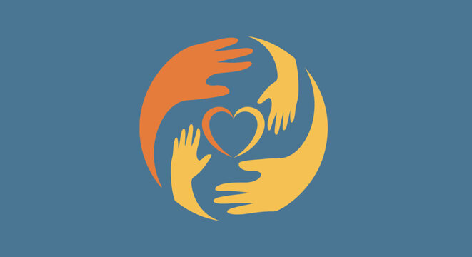 Four diverse hands forming a protective circular pattern around a central heart, symbolizing community, care, and unity on a solid blue background.