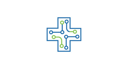 Fototapeta premium Abstract Medical Technology Cross Logo, Designed with Interconnected Blue and Green Circuit Board Lines, Symbolizing Health and Connectivity, Isolated White Background.