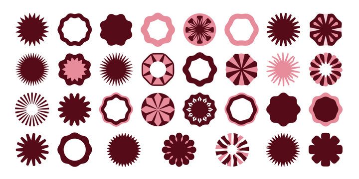 Abstract geometric shapes burst and star patterns in pink and brown on light background