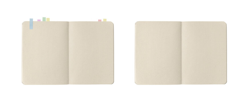 An overhead view shows a kraft-brown, rounded-corner notebook opened across two spreads, one with color-coded sticky notes and the other without