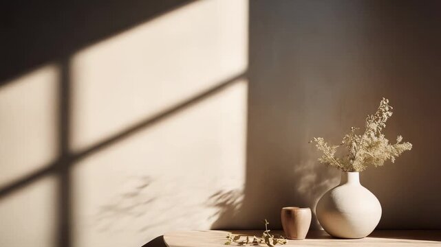 Ceramic vase holding delicate dry flora and small wooden cup sitting on a wooden table, capturing morning sunlight creating window shadows on a neutral wall