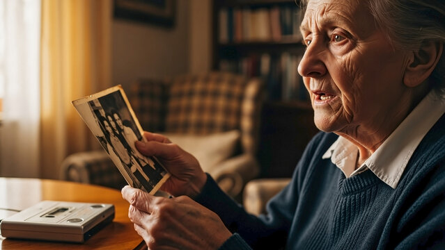Elderly Woman Reflects on Memories While Holding Vintage Photograph in Cozy Room for Oral History Interviews, Storytelling, Family Heritage Content, and Documentary Projects