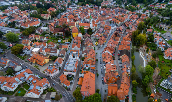 Aerial view of the old town in the city Wangen im Allg&auml;u in Germany on a cloudy day in summer