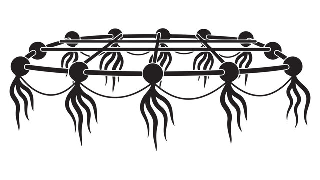 Offshore Kelp Farm with Floating Buoys and Ropes &mdash; Marine Aquaculture Minimal Black-and-White Solid Silhouette Vector, Isolated on White