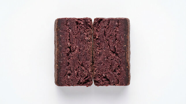 Indonesian Terasi Shrimp Paste Block Cross Section Halved Macro White Background Studio Ingredient Photography