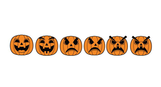 A set of six Halloween jack-o-lanterns with changing facial expressions from happy to angry.