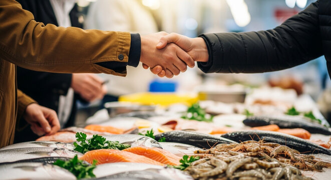 Handshake over a seafood market display