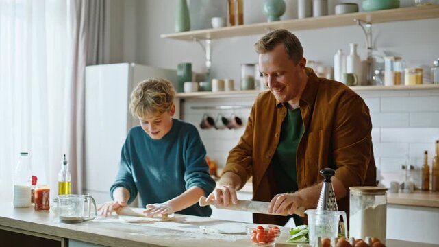 Parent child rolling dough enjoying family culinary hobby closeup. Father son