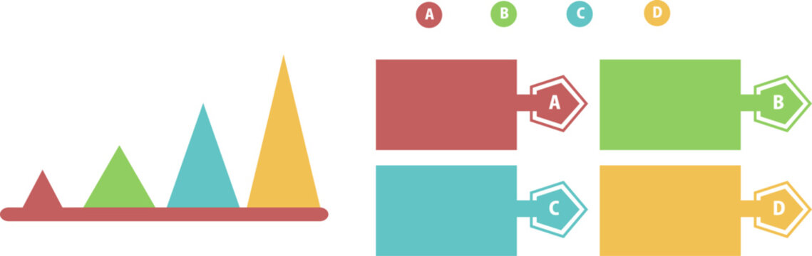 段階的に上昇するグラフとカラーブロックが組み合わさったビジネス用インフォグラフィック、成長や分析を視覚化するモダンデザイン素材