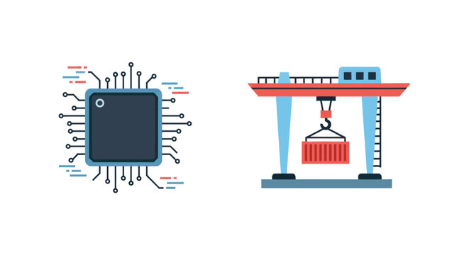 Illustration of a Microchip with Connections and a Container Crane.