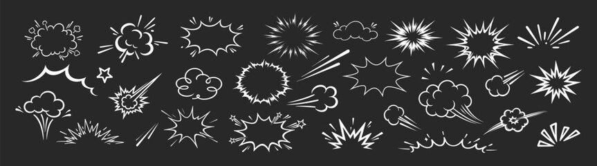 Comic boom burst, explosive motion line elements, speed effect, explosive smoke, cartoon vector icon set, hand drawn dynamic action elements on black background © Ira