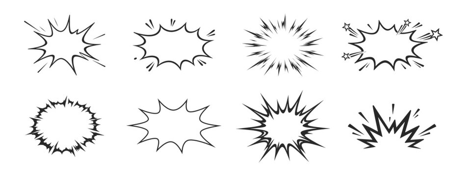 Hand drawn comic explosion burst and speech bubble doodle set, cartoon boom cloud and impact effect elements vector illustration on transparent background