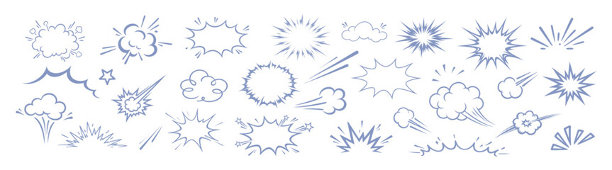 Comic boom burst, explosive motion line elements, speed effect, explosive smoke, cartoon vector icon set, hand drawn dynamic action elements on transparent background © Ira