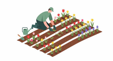 Naklejka premium Gardener Tending Colorful Flower Bed A Springtime Scene