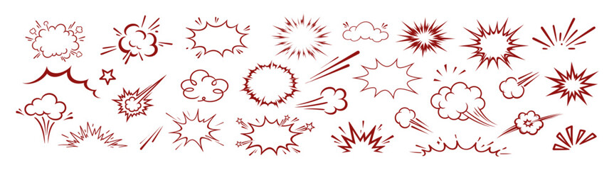 Cartoon comic speed lines, explosion effects, boom burst elements, hand drawn doodle sketch style, vector illustration set on transparent background © Ira