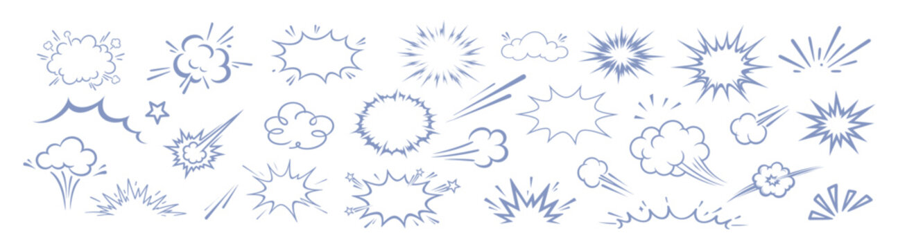 Comic boom burst, explosive motion line elements, speed effect, explosive smoke, cartoon vector icon set, hand drawn dynamic action elements on transparent background