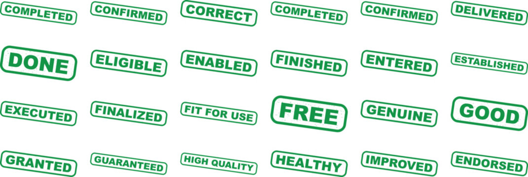 Set of 24 green vector rubber stamp icons with various positive and status-related words like 'DONE', 'FREE', 'GOOD', 'COMPLETED', 'CONFIRMED', 'CORRECT', 'DELIVERED', 'ELIGIBLE', 'ENABLED'