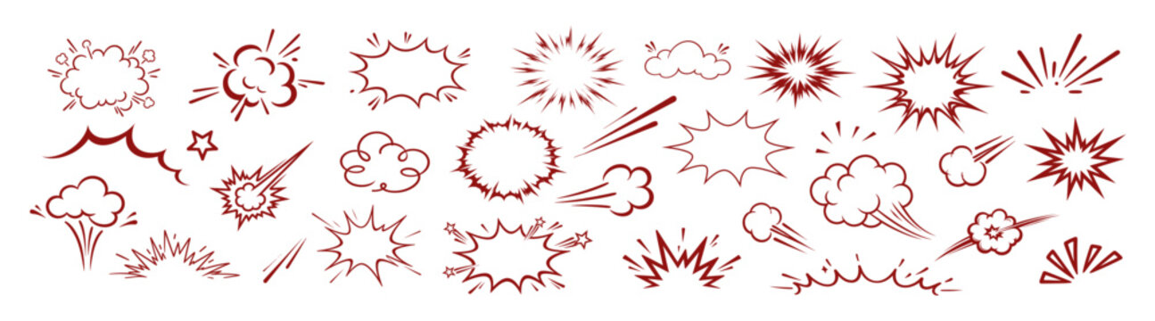 Cartoon comic speed lines, explosion effects, boom burst elements, hand drawn doodle sketch style, vector illustration set on transparent background