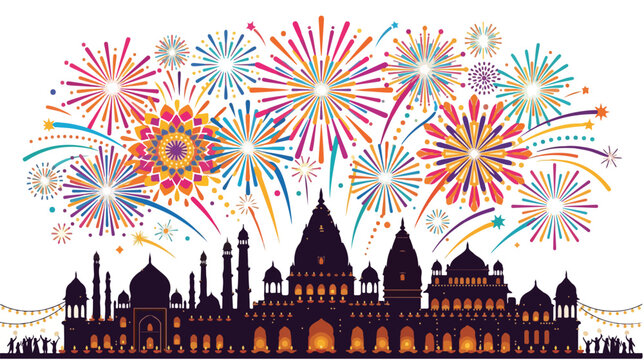 Silhouette of a historic Indian palace with colorful fireworks exploding above it against a white background, conveying a celebratory mood.