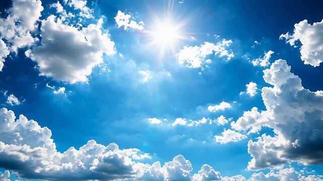 Bright sun in blue sky with fluffy clouds