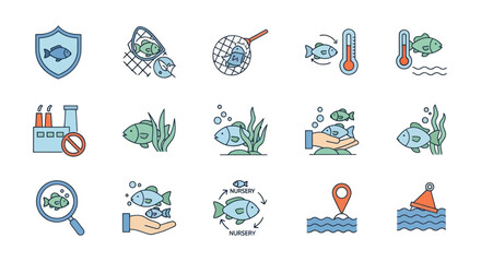 Collection of Icons Representing Fish and Aquatic Life Protection and Management. © Roti