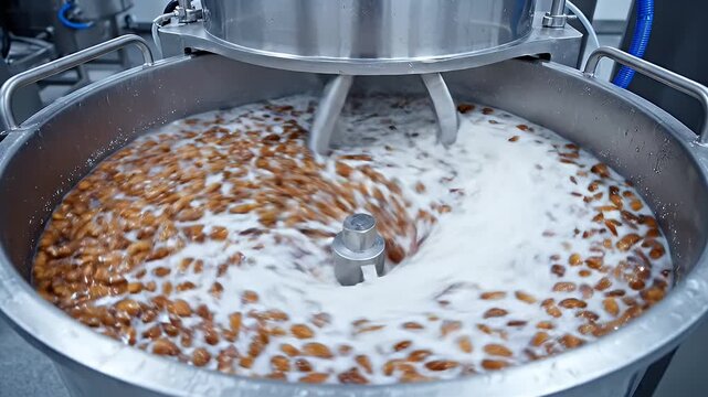 Industrial Processing of Soaked Almonds in Water within a Large Stainless Steel Mixer Vat Under Bright Factory Lighting Creating a Milky Substance