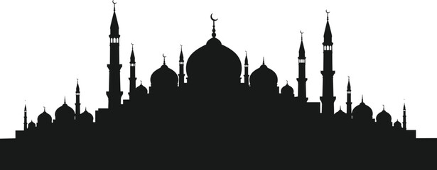 Panoramic grand mosque skyline silhouette with domes and minarets, Islamic architecture background, Ramadan Kareem design, Eid Mubarak greeting illustration Panoramic grand mosque skyline silhouette  © MdZahidul