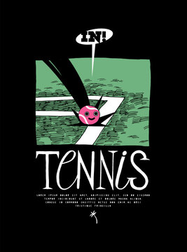Tennis ball in. tennis character ball falling inside the tennis court. Vintage typography tennis t-shirt print vector illustration