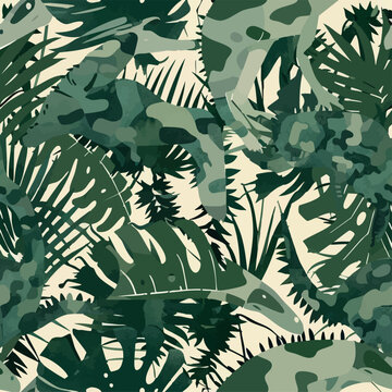 Seamless camouflage pattern with dinosaurs hidden in jungle foliage. Stylized prehistoric animals blended with abstract camo shapes in earthy green tones, ideal for textiles, prints and adventurous de