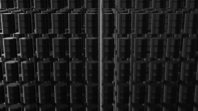 Sideways Shot of Rows of Hundreds of black crude oil barrel drums against a black backdrop. Ideal for financial videos about gas prices, and stock market analysis of the energy sector. 3D animation.