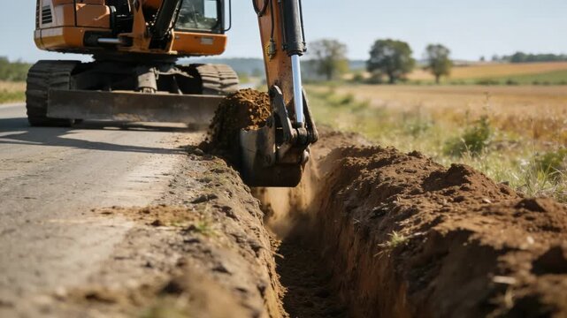 Medium shot of construction vehicle trenching roadside easement on farmland sharp focus on trench depth and machinerys action with distant trees and fields softly blurred.