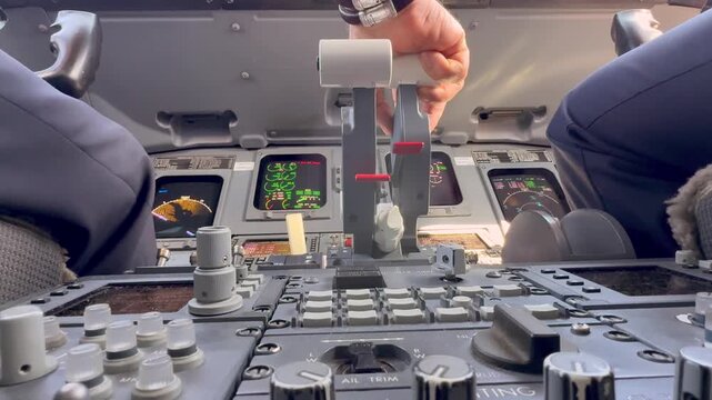 Closeup view, low angle shot, of the hand of a pilot adjusting the right engine throttle lever of a jet taxiing with only one engine to save fuel